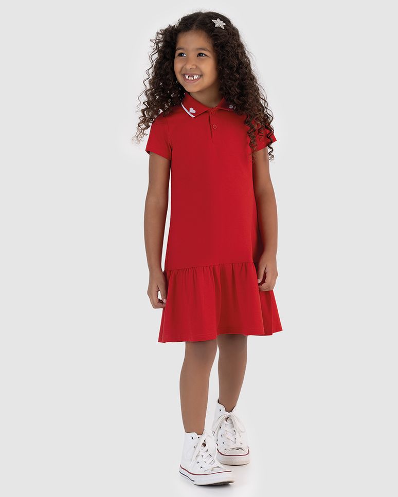 Vestido Polo Infantil Peitilho Frontal E Babado Em Algodão Malwee Kids