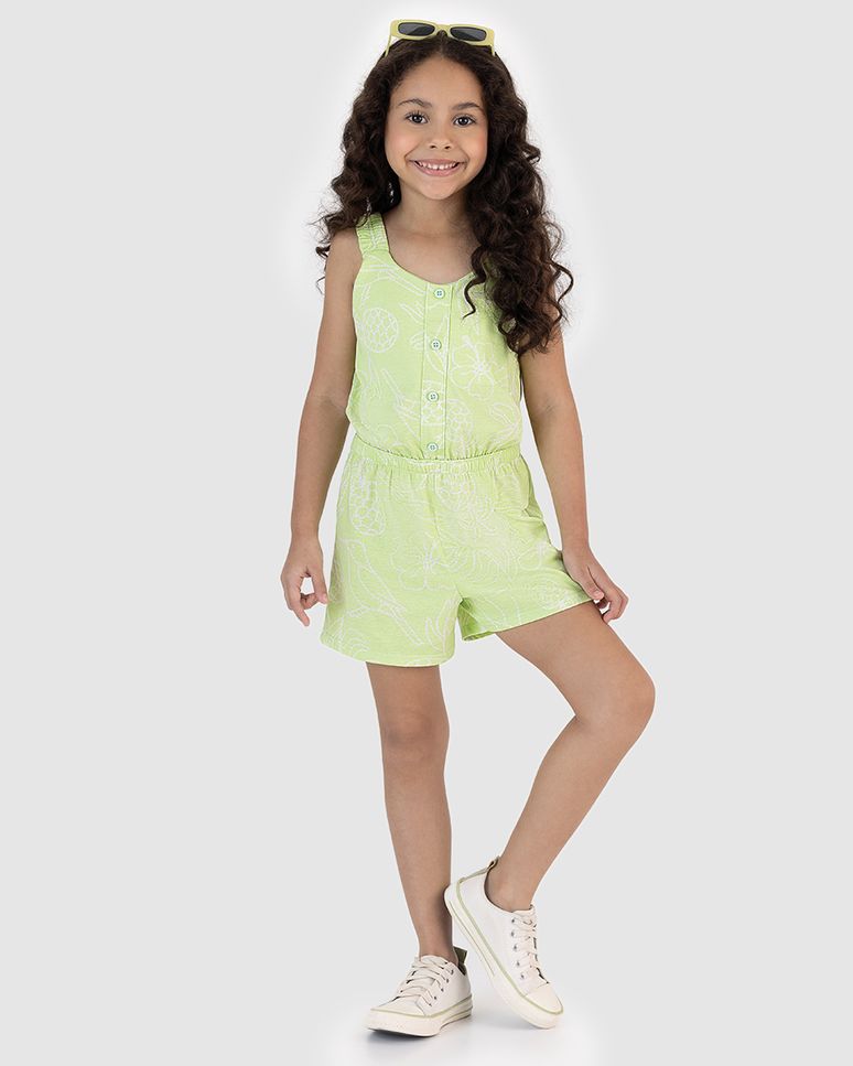 Macaquinho Infantil Menina Acinturado Botão Decorativo Algodão Malwee Kids