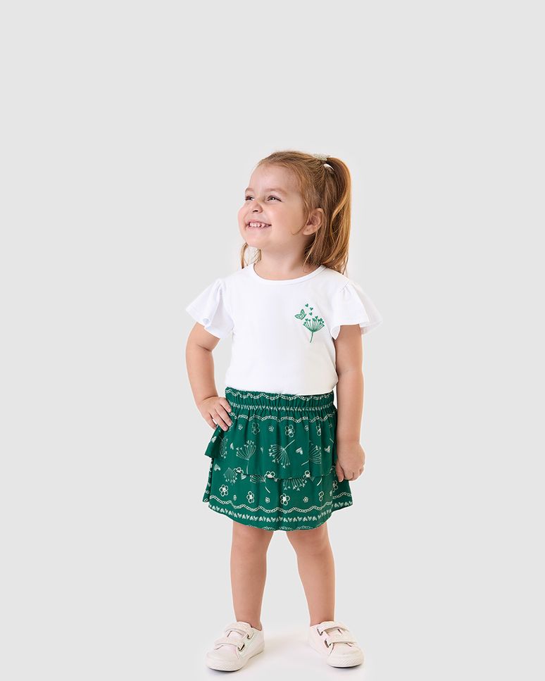 Conjunto Infantil Menina Blusa E Saia Estampada Em Viscose Malwee Kids