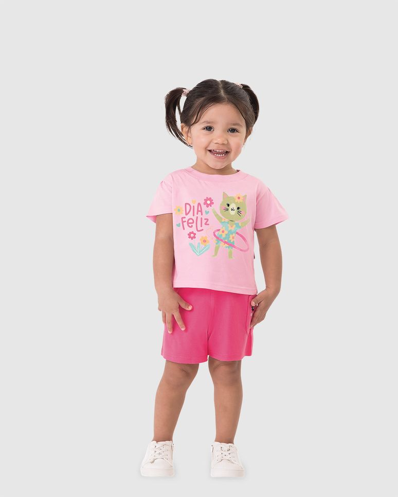 Conjunto Infantil Menina Dia Feliz Shorts Bolso Em Malha Rajada Malwee Kids