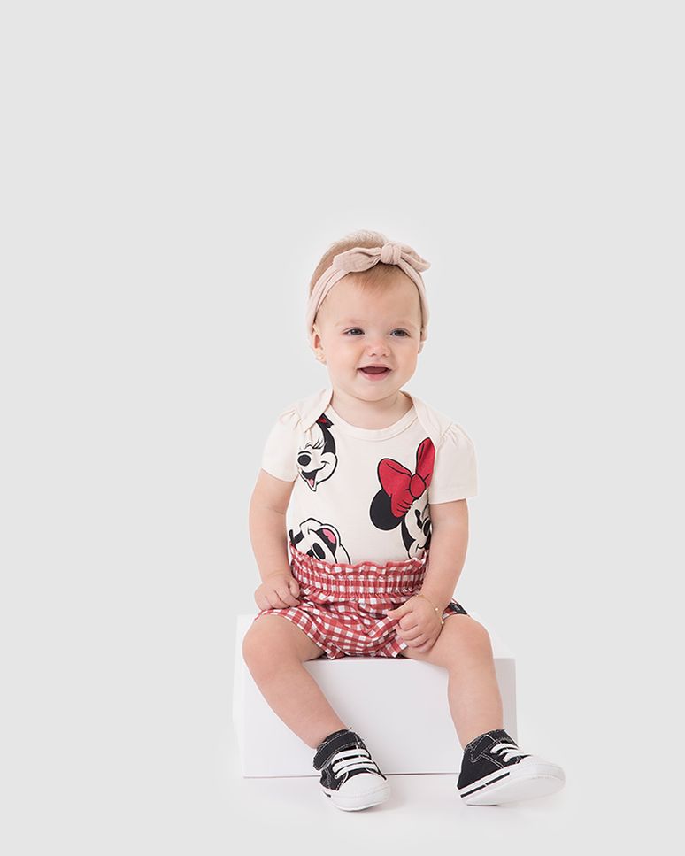 Conjunto Bebê Menina Body E Shorts Xadrez Minnie Mouse Disney Malwee Kids