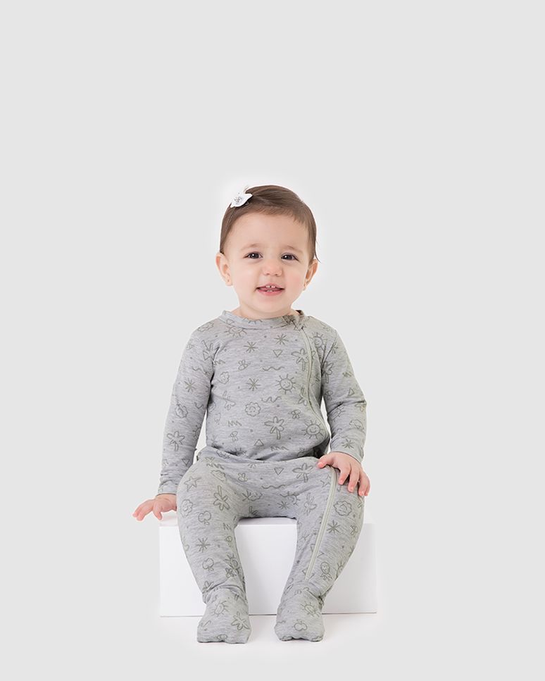 Macacão Bebê Unissex Pezinho Estampado Zíper Frontal Em Algodão Malwee Kids