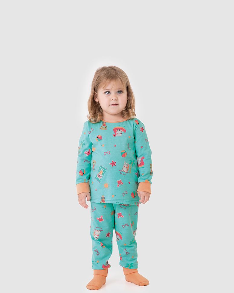 Pijama Infantil Menina Manga Longa Com Punho Em Algodão Malwee Kids