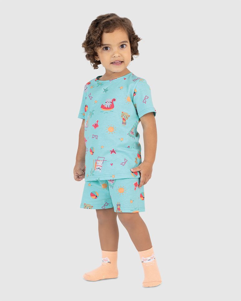 Pijama Curto Infantil Menina Estampa Animais Na Praia Em Algodão Malwee Kids
