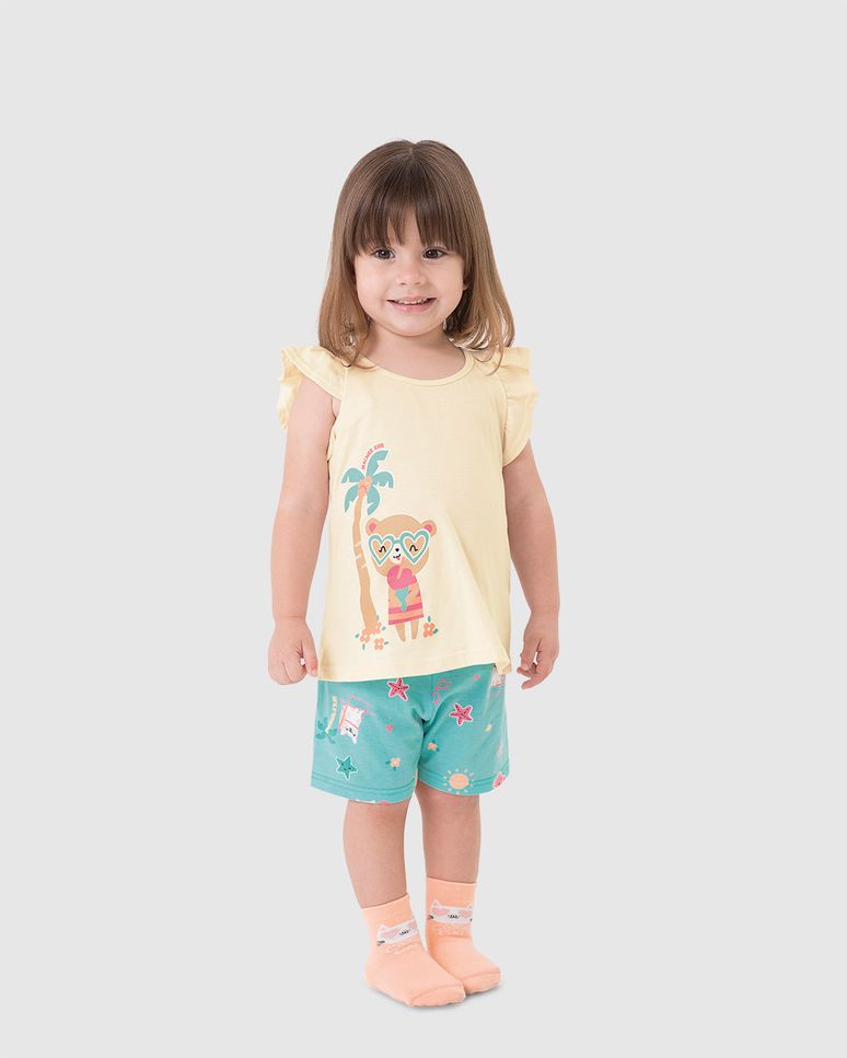 Pijama Curto Infantil Menina Blusa Manga Franzida Em Algodão Malwee Kids