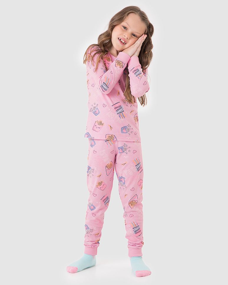 Pijama Infantil Menina Estampado Camiseta Manga Longa Em Algodão Malwee Kids