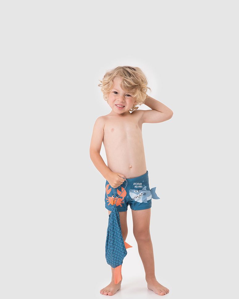 Sunga Infantil Menino Com Aplique E Bolsa Divertida Em Malha UV50+ Malwee Kids