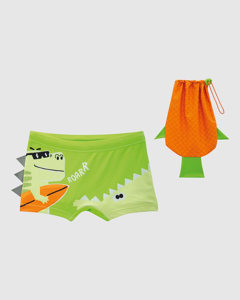 Sunga Infantil Menino Com Aplique E Bolsa Divertida Em Malha UV50+ Malwee Kids