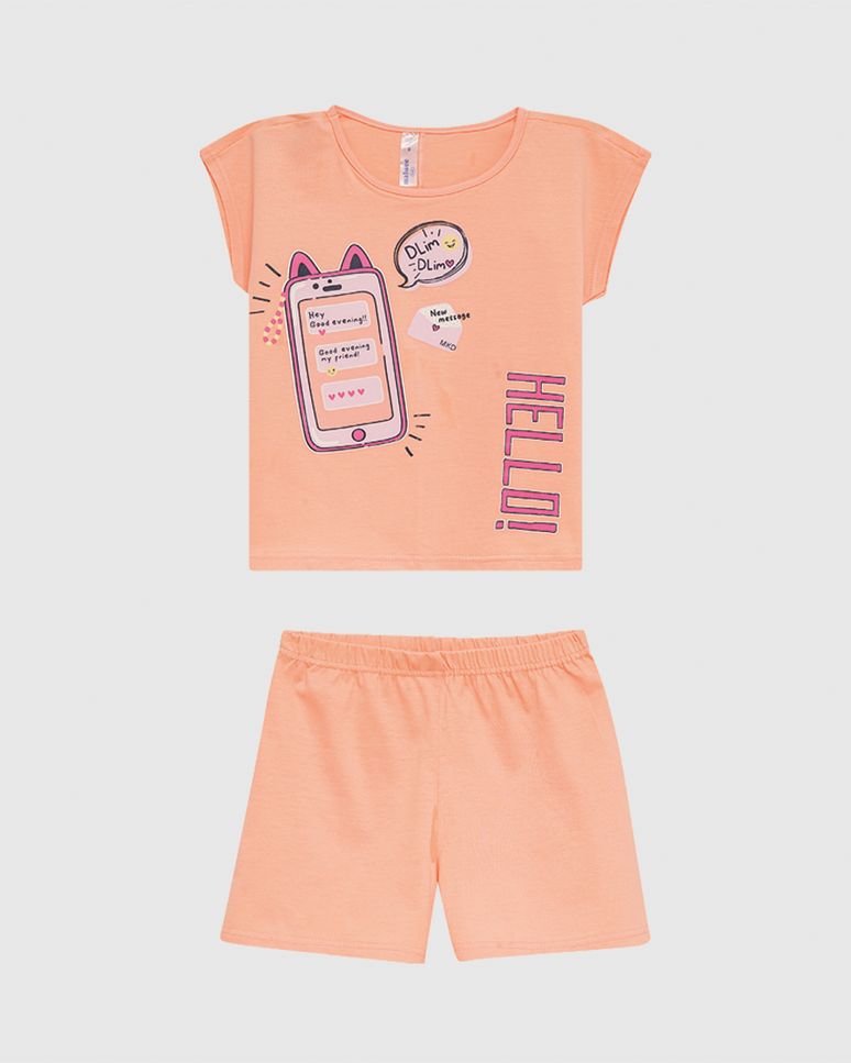 Pijama Curto Infantil Menina Estampa Hello! Em Algodão Malwee Kids