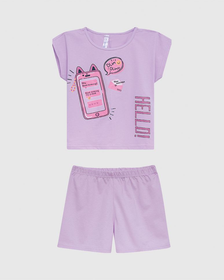 Pijama Curto Infantil Menina Estampa Hello! Em Algodão Malwee Kids