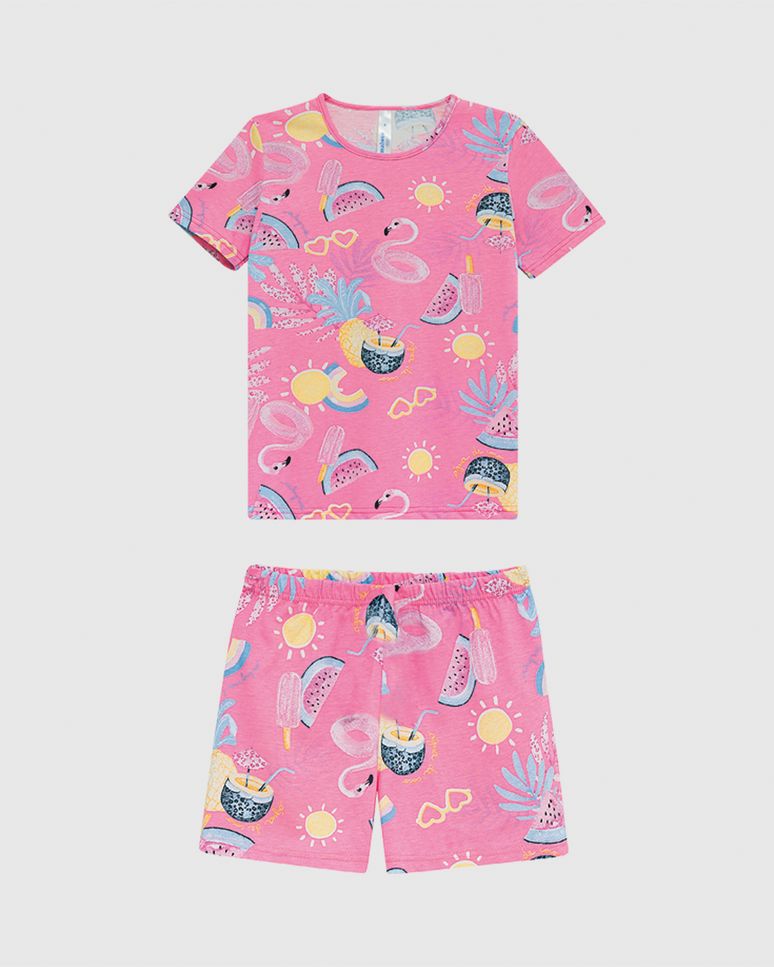 Pijama Infantil Menina Estampado Camiseta Manga Curta Em Algodão Malwee Kids