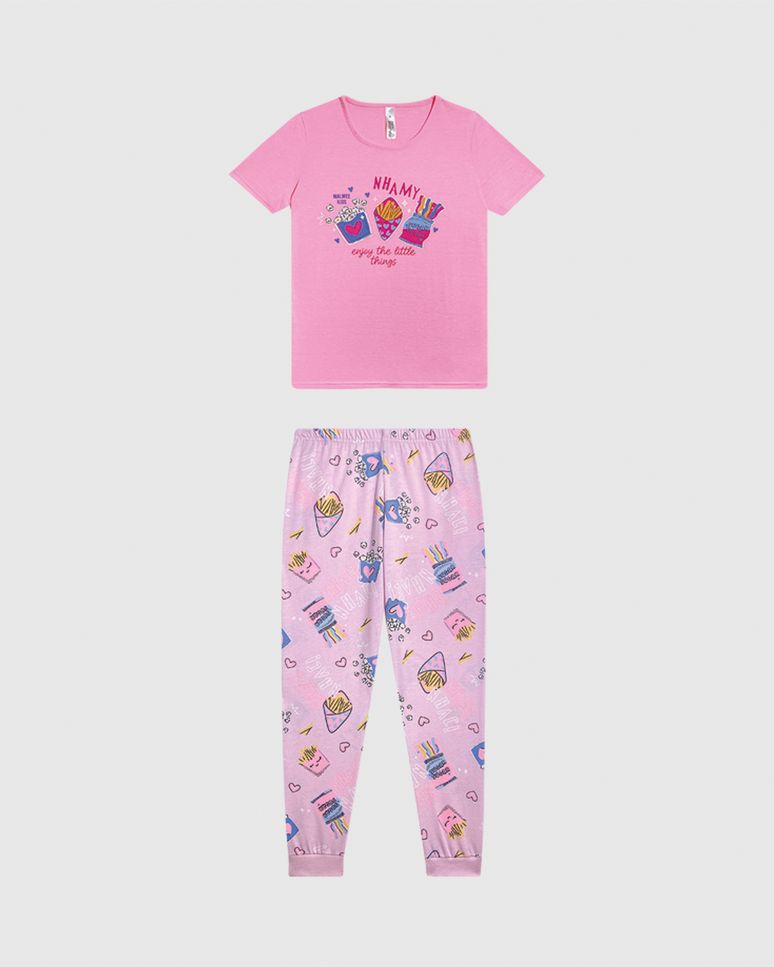 Pijama Longo Infantil Menina Blusa Manga Curta Em Algodão Malwee Kids