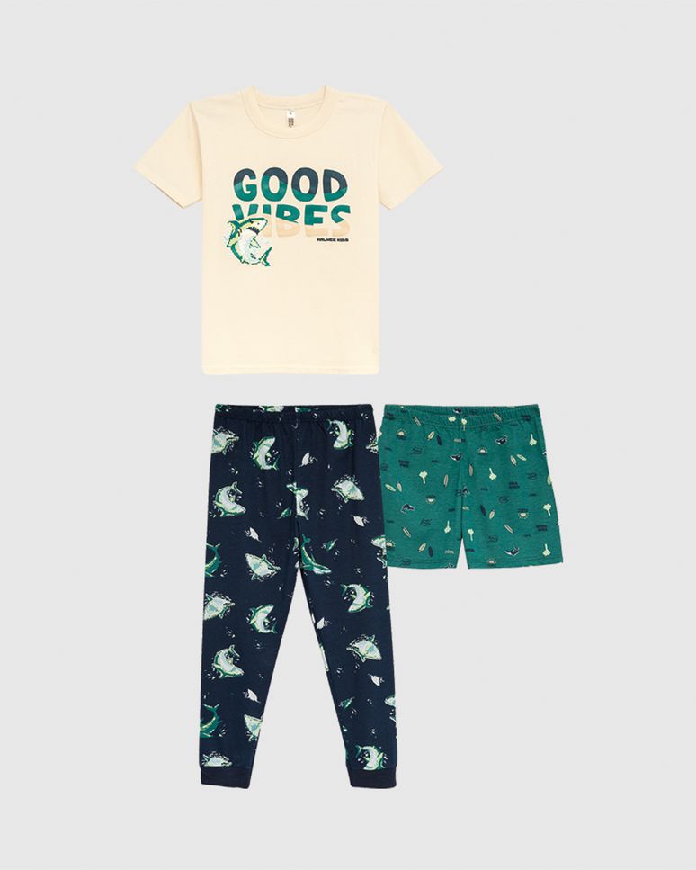 Pijama Infantil Menino 3 Peças Estampa Good Vibes Em Algodão Malwee Kids