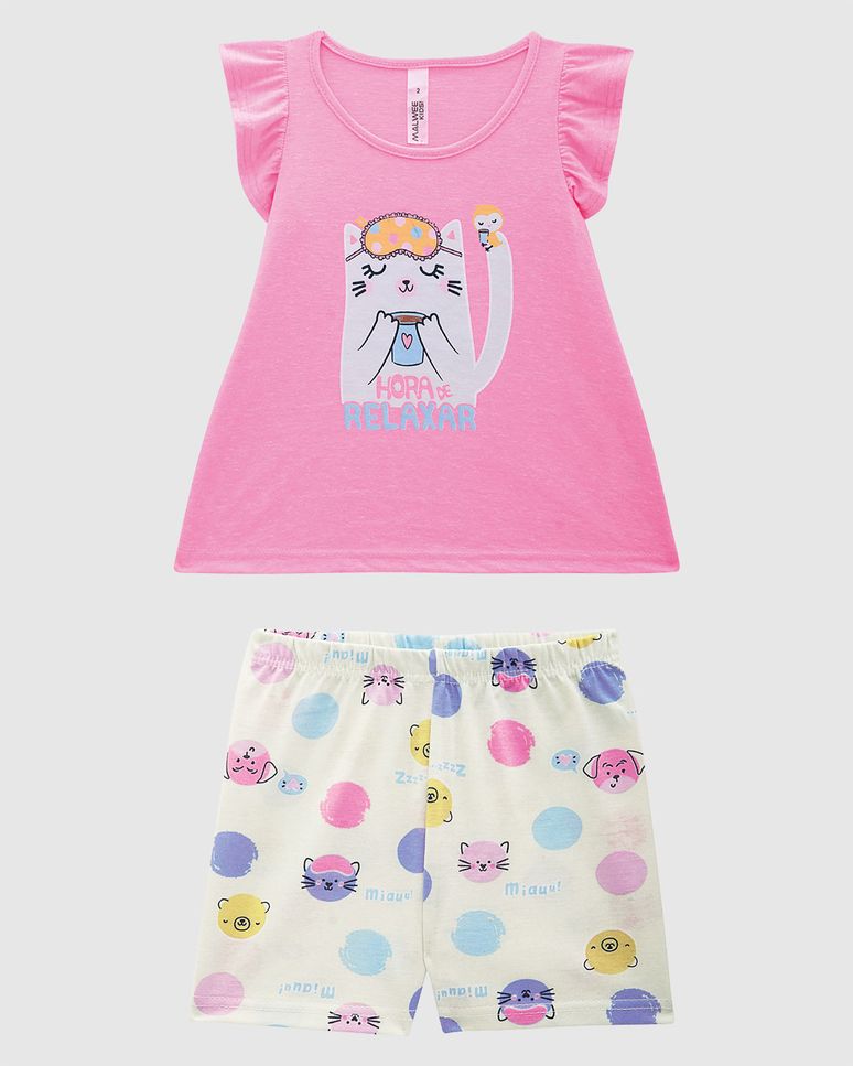 Pijama Curto Infantil Menina Blusa Manga Franzida Em Algodão Malwee Kids