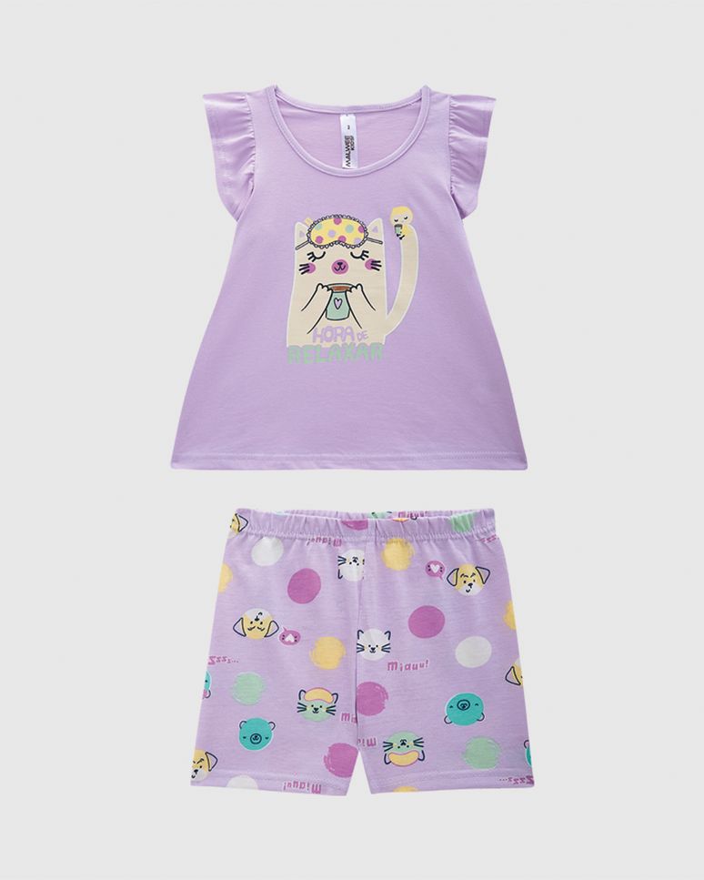 Pijama Curto Infantil Menina Blusa Manga Franzida Em Algodão Malwee Kids