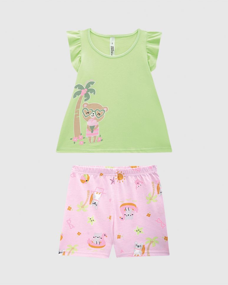 Pijama Curto Infantil Menina Blusa Manga Franzida Em Algodão Malwee Kids