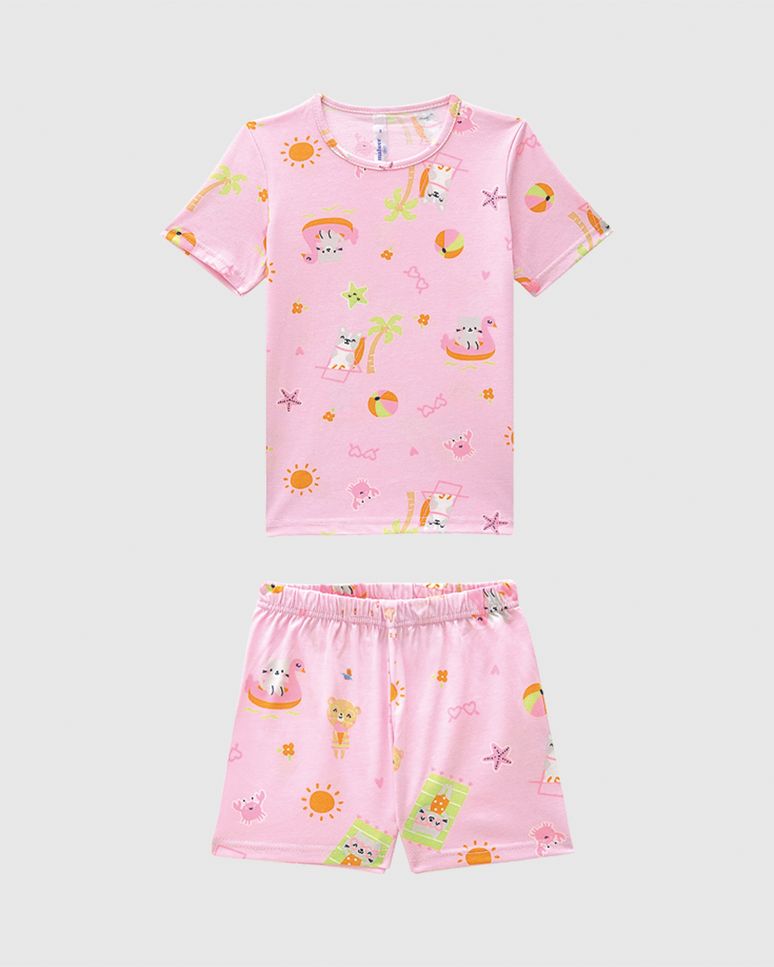 Pijama Curto Infantil Menina Estampa Animais Na Praia Em Algodão Malwee Kids