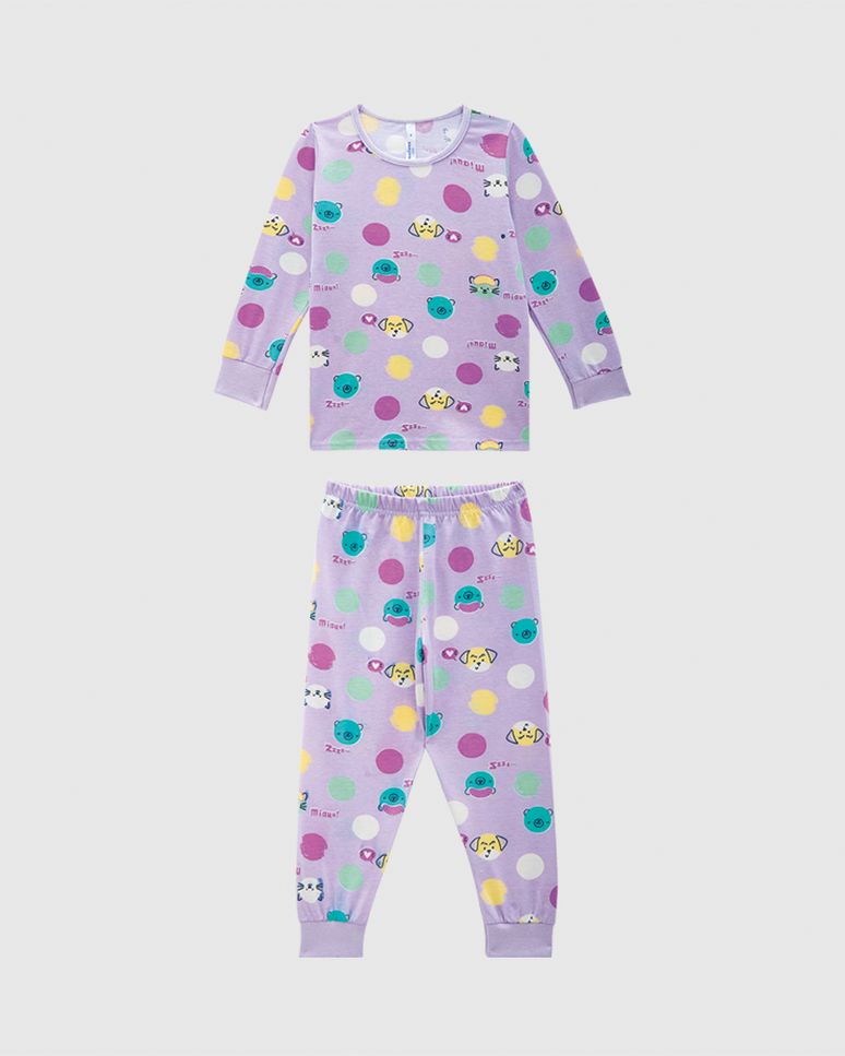 Pijama Infantil Menina Manga Longa Com Punho Em Algodão Malwee Kids