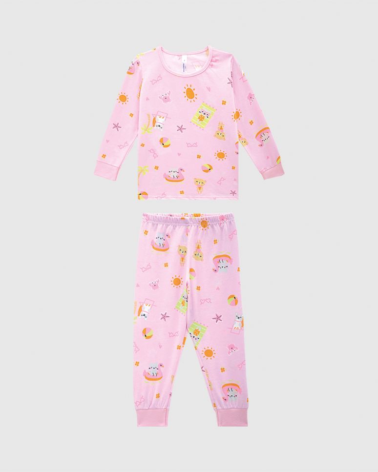 Pijama Infantil Menina Manga Longa Com Punho Em Algodão Malwee Kids