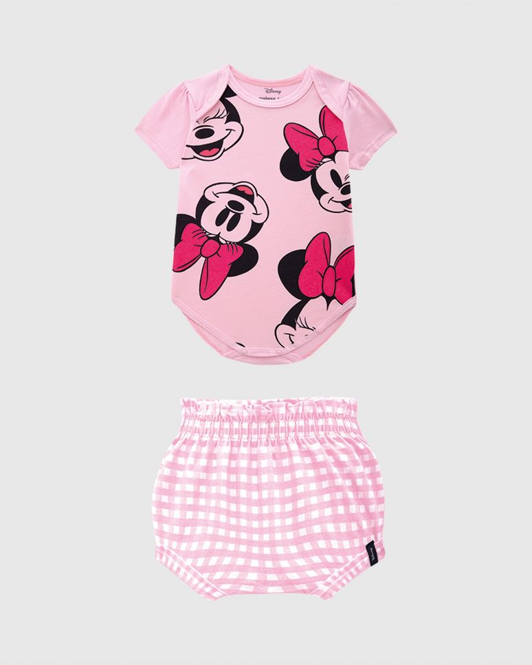 Conjunto Bebê Menina Body E Shorts Xadrez Minnie Mouse Disney Malwee Kids
