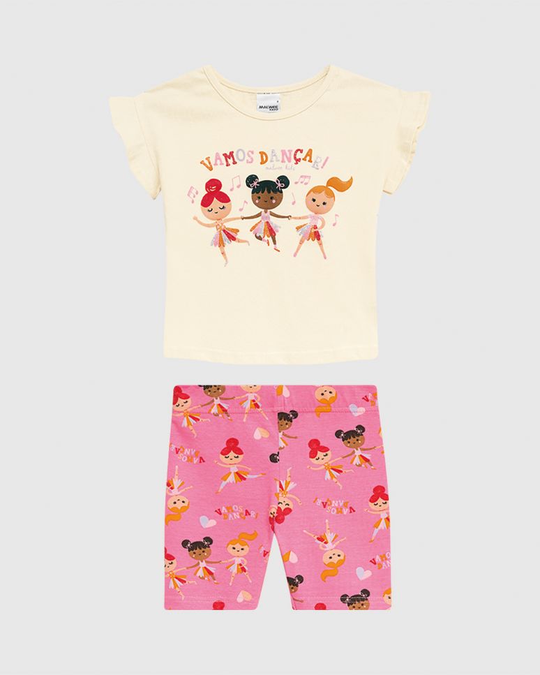 Conjunto Infantil Menina Blusa Manga Curta Babados Em Algodão Malwee Kids