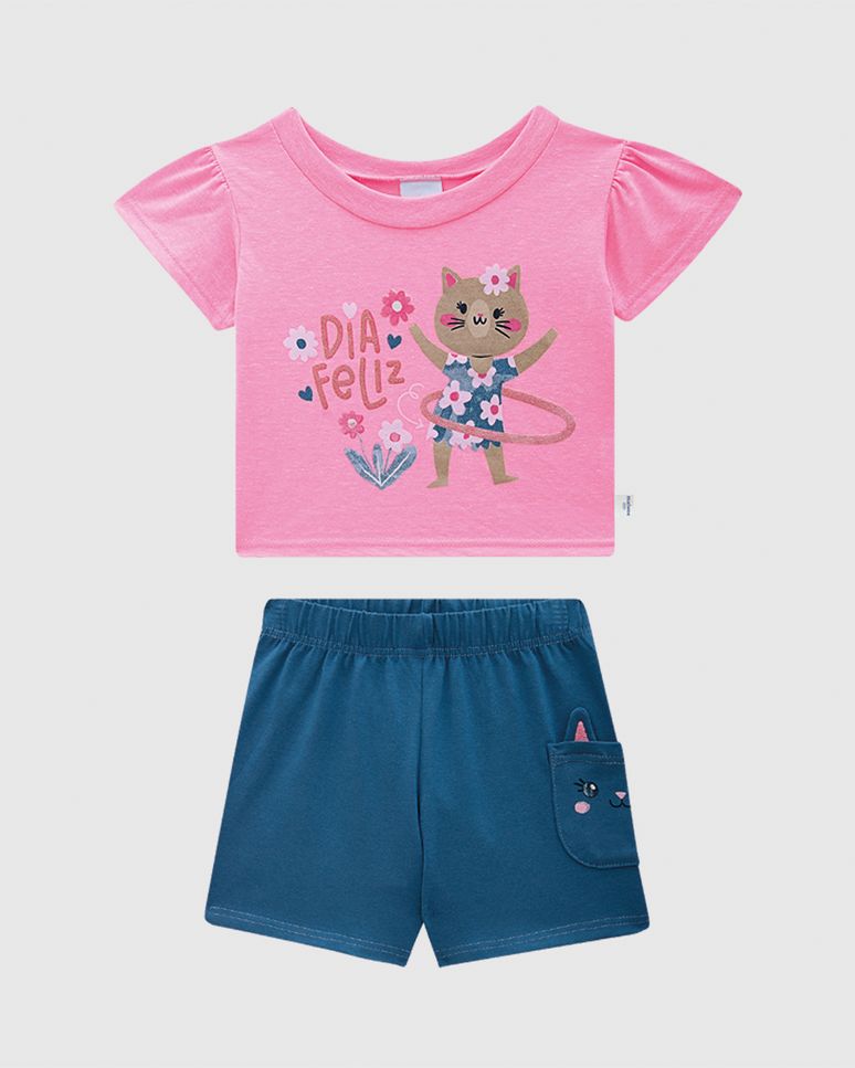 Conjunto Infantil Menina Dia Feliz Shorts Bolso Em Malha Rajada Malwee Kids