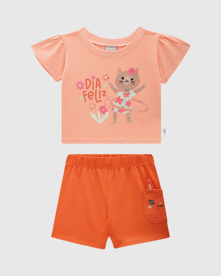 Conjunto Infantil Menina Dia Feliz Shorts Bolso Em Malha Rajada Malwee Kids