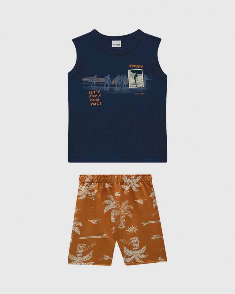 Conjunto Infantil Menino Bermuda Estampada Em Moletinho Malwee Kids
