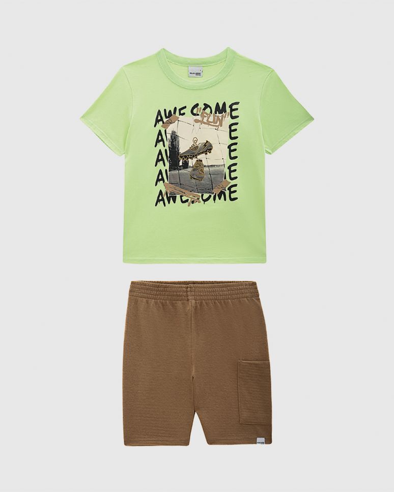 Conjunto Infantil Menino Camiseta Awesome Fun Em Algodão Malwee Kids