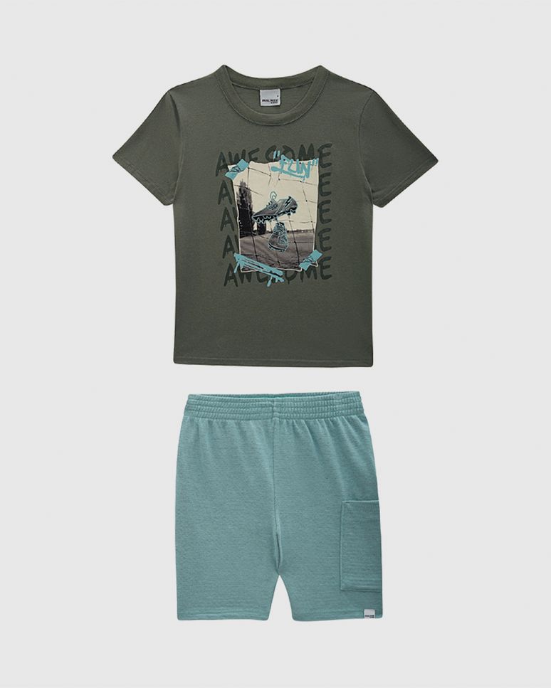 Conjunto Infantil Menino Camiseta Awesome Fun Em Algodão Malwee Kids