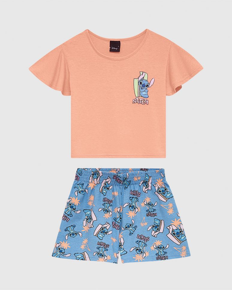 Conjunto Infantil Menina Blusa Box E Shorts Godê Stitch Disney Malwee Kids