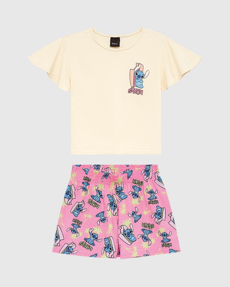 Conjunto Infantil Menina Blusa Box E Shorts Godê Stitch Disney Malwee Kids