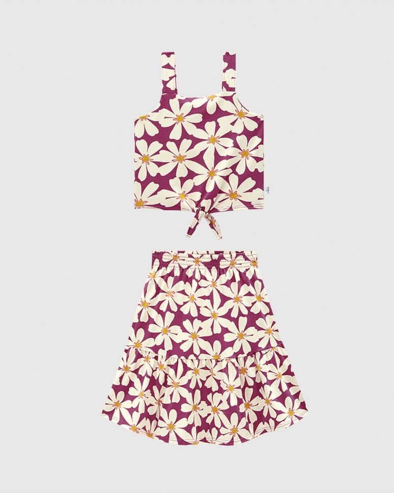 Conjunto Infantil Menina Floral Blusa Laço Decorativo E Saia Midi Malwee Kids