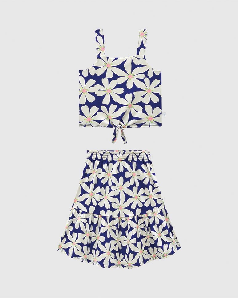 Conjunto Infantil Menina Floral Blusa Laço Decorativo E Saia Midi Malwee Kids
