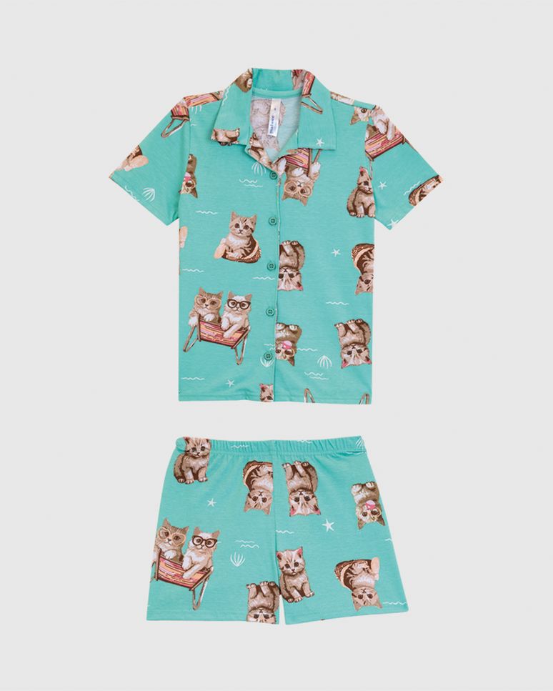 Pijama Infantil Menina Gatinhos Botões Frontais Em Algodão Malwee Kids