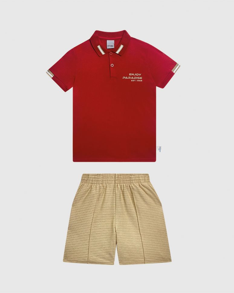 Conjunto Infantil Menino Camisa Polo Estampa Lettering Em Algodão Malwee Kids