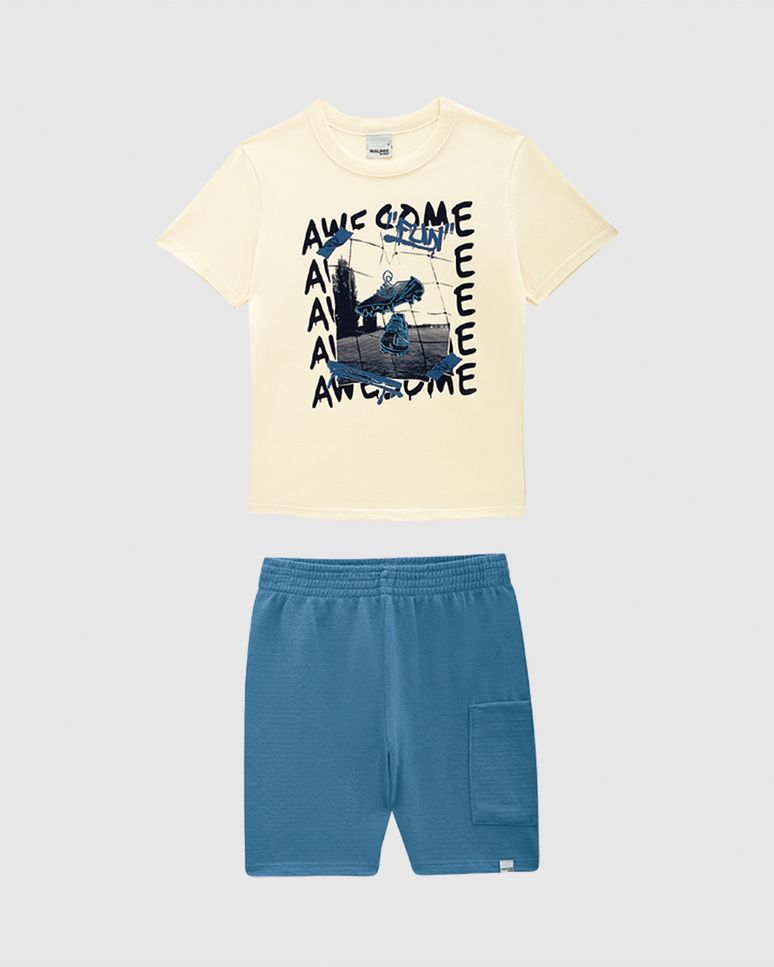 Conjunto Infantil Menino Camiseta Awesome Fun Em Algodão Malwee Kids