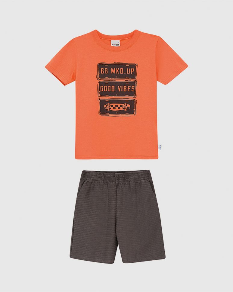 Conjunto Infantil Menino Camiseta Estampa Good Vibes Em Algodão Malwee Kids
