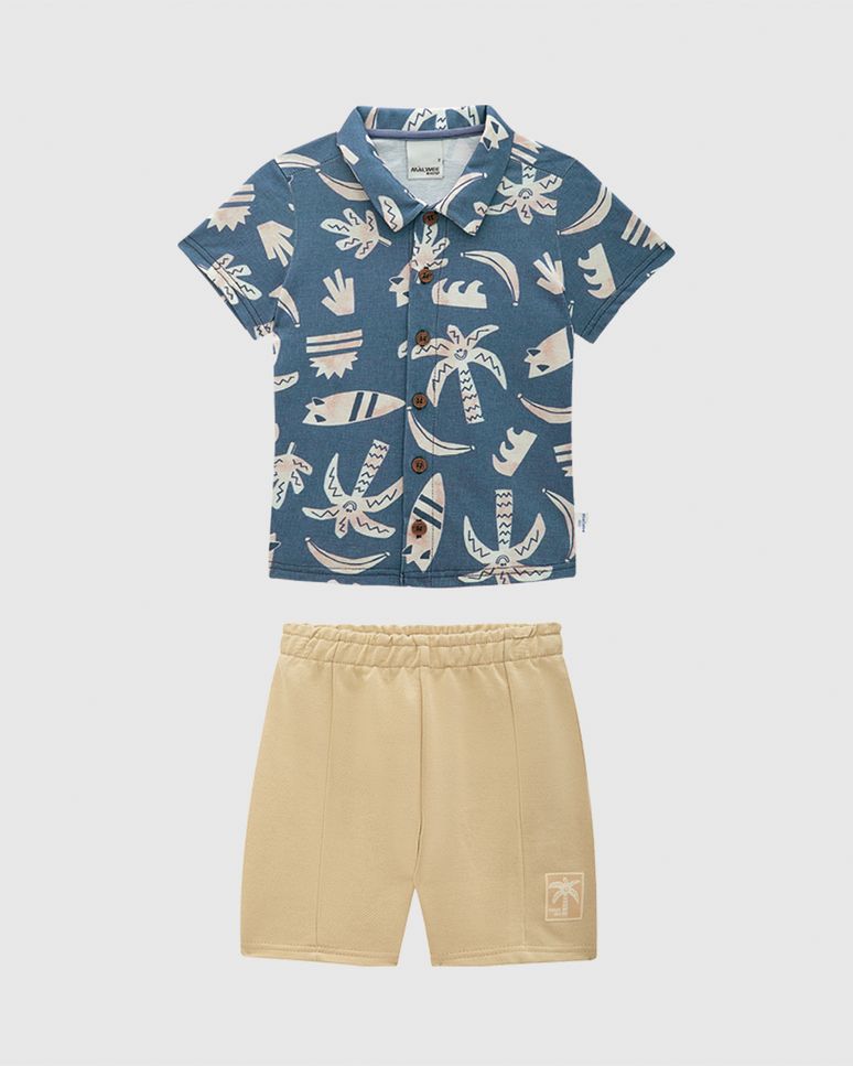 Conjunto Infantil Menino Camisa Manga Curta Estampada Em Algodão Malwee Kids