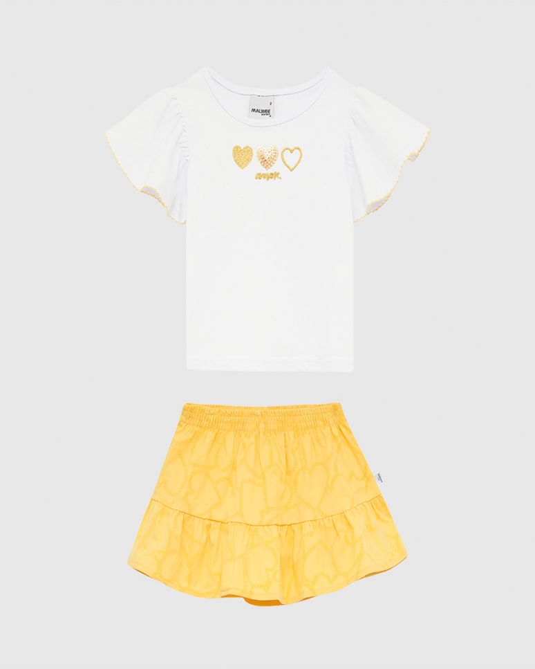 Conjunto Infantil Menina Blusa Com Bordado E Saia Em Algodão Malwee Kids
