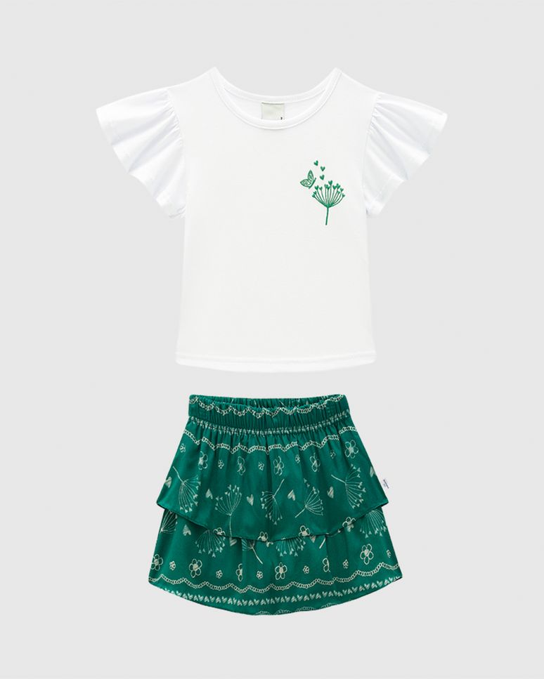 Conjunto Infantil Menina Blusa E Saia Estampada Em Viscose Malwee Kids