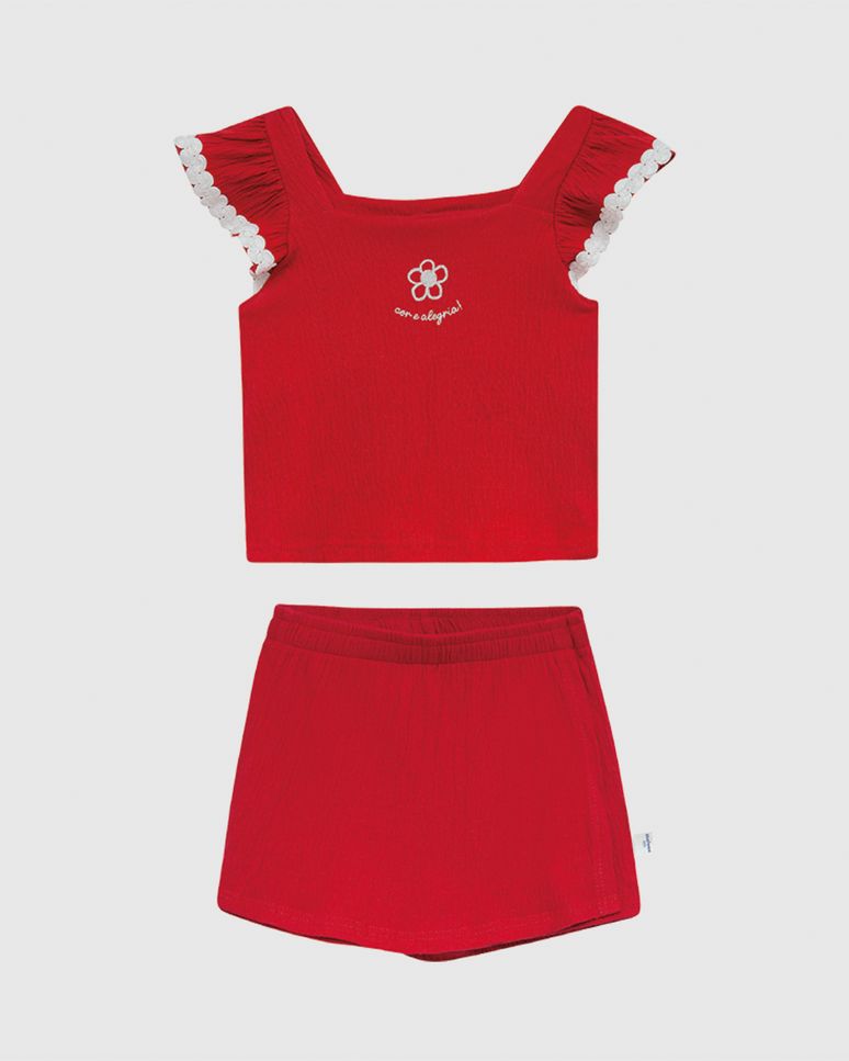 Conjunto Infantil Menina Blusa E Shorts Saia Em Malha Texturizada Malwee Kids