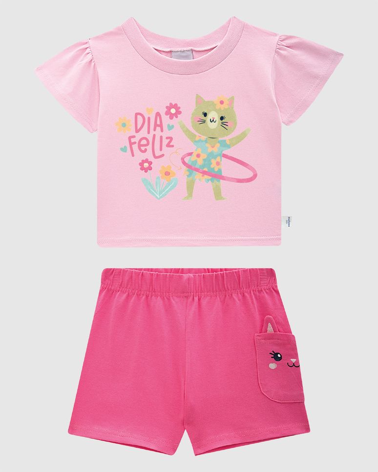 Conjunto Infantil Menina Dia Feliz Shorts Bolso Em Malha Rajada Malwee Kids