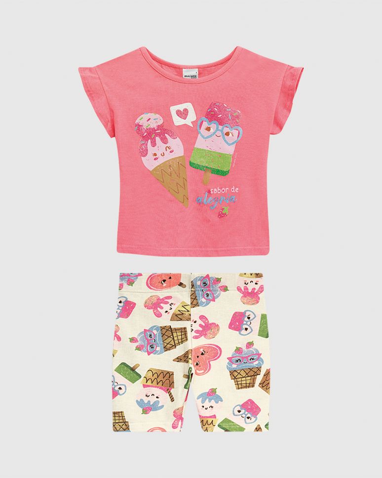 Conjunto Infantil Menina Blusa Manga Curta Babados Em Algodão Malwee Kids