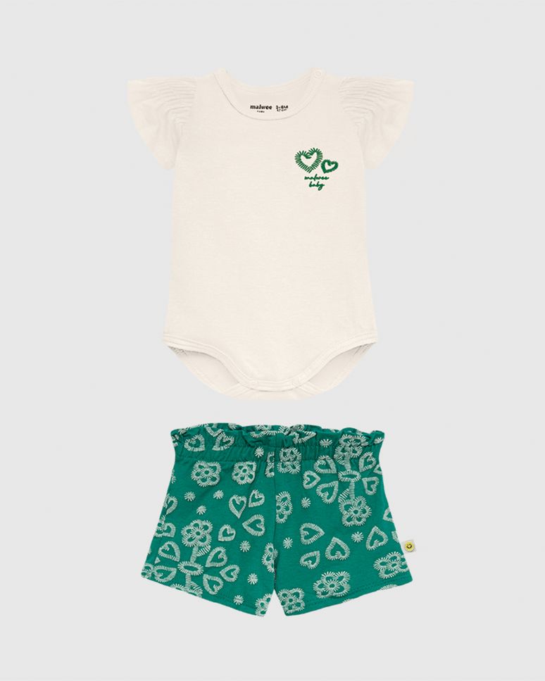Conjunto Bebê Menina Body Manga Franzida E Shorts Em Algodão Malwee Kids