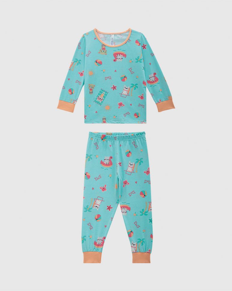 Pijama Infantil Menina Manga Longa Com Punho Em Algodão Malwee Kids