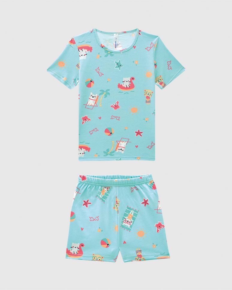 Pijama Curto Infantil Menina Estampa Animais Na Praia Em Algodão Malwee Kids