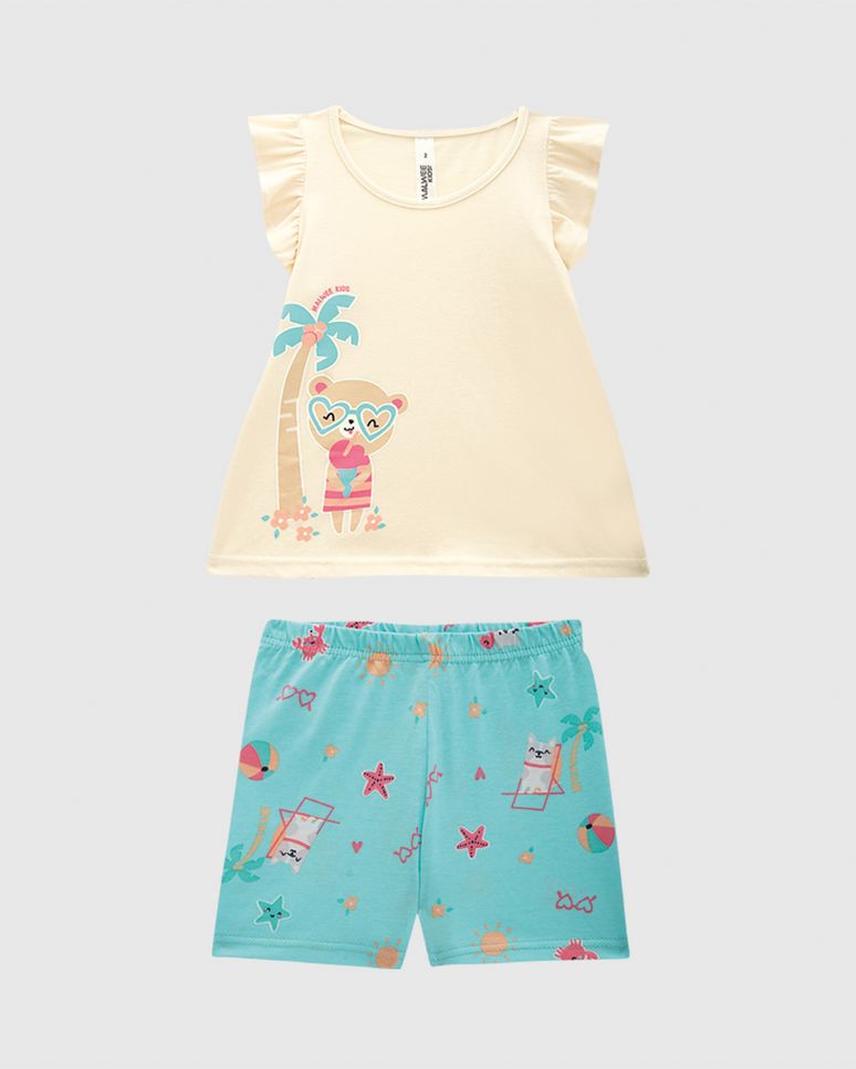 Pijama Curto Infantil Menina Blusa Manga Franzida Em Algodão Malwee Kids