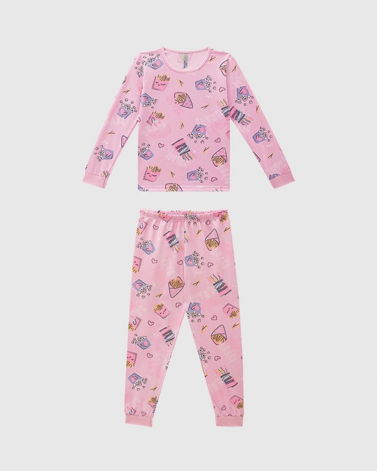 Pijama Infantil Menina Estampado Camiseta Manga Longa Em Algodão Malwee Kids