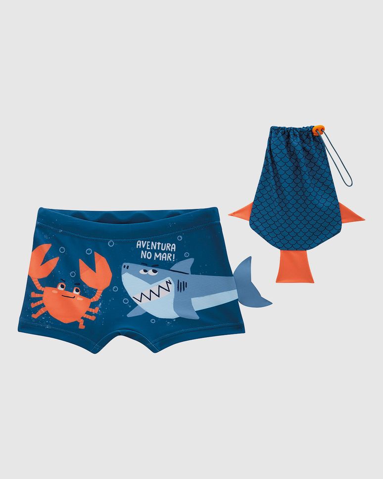 Sunga Infantil Menino Com Aplique E Bolsa Divertida Em Malha UV50+ Malwee Kids